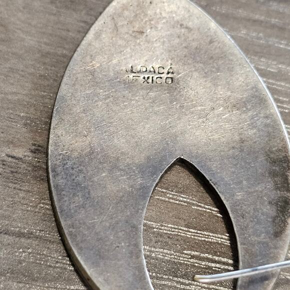 Vintage Alpaca Silver & Abalone Teardrop Cutout Dangle Earrings - Picture 4 of 5